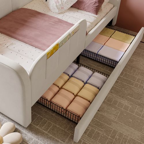 Lit Banquette 90x200 Cm - 2 Tiroirs Coulissants - Rangement Intégré - Velours - Mdf Et Métal - Blanc