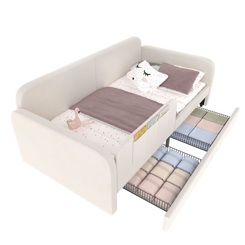 Lit Banquette 90x200 Cm - 2 Tiroirs Coulissants - Rangement Intégré - Velours - Mdf Et Métal - Blanc