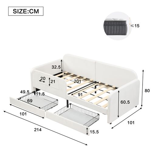 Lit Banquette 90x200 Cm - 2 Tiroirs Coulissants - Rangement Intégré - Velours - Mdf Et Métal - Blanc