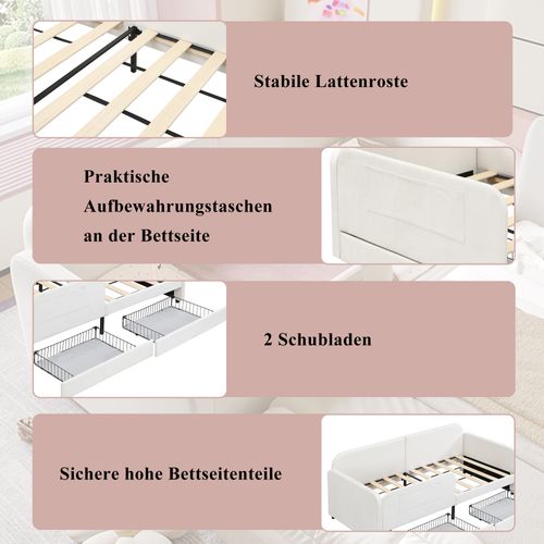 Lit Banquette 90x200 Cm - 2 Tiroirs Coulissants - Rangement Intégré - Velours - Mdf Et Métal - Blanc