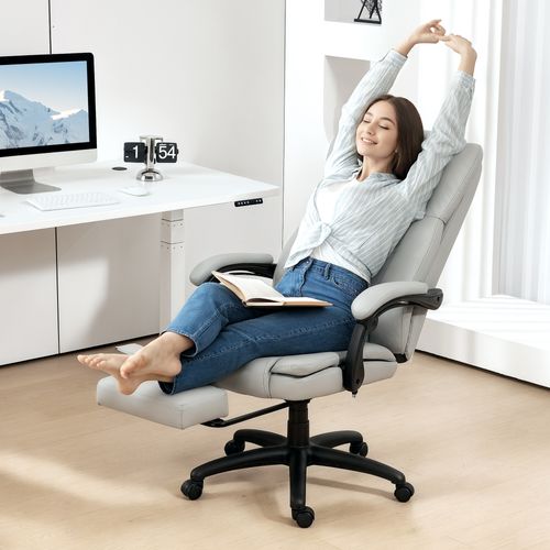 Fauteuil De Bureau Ergonomique -massante - Chauffante -repose-pieds -télécommande -simili - Gris