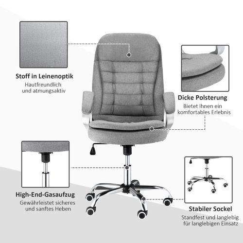 Fauteuil De Bureau Ergonomique - Confort - Accoudoirs Réglables - Bascule Et Pivotante - Lin - Gris