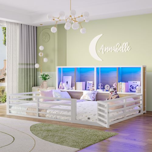 Lit Bébé 140x200 Cm - Lit Avec Rangement Latéral Et LED - Métal Et Mdf - Blanc