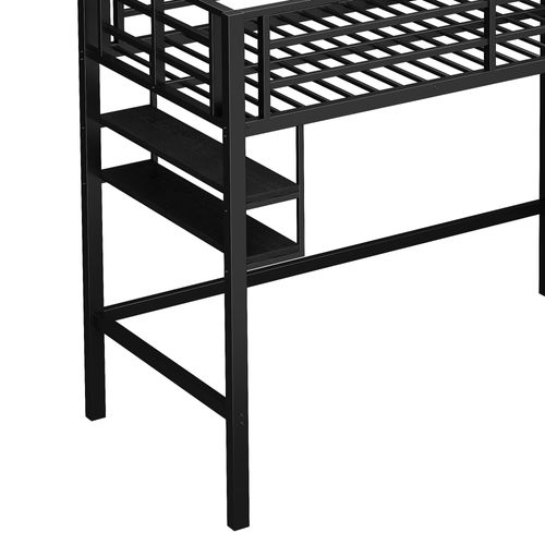 Lit Mezzanine 90x200 Cm Avec Rangement Sous Escalier, Métal + Mdf, Protection Sécuritaire, Noir