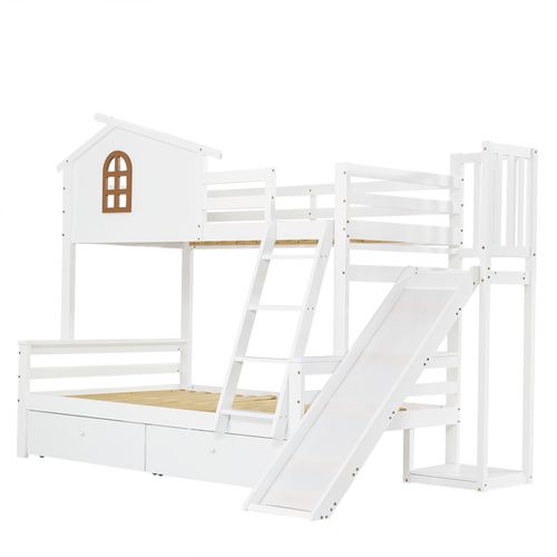 Lit Superposé 90x200 Cm - Lit Avec Rangement Et 2 Tiroirs - Pin Et Mdf - Avec Matelas - Blanc