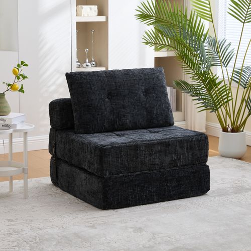 Fauteuil Convertible 1 Place Avec Matelas Pliable Et Coussin - Structure Métal Et Mdf Chenille Noir