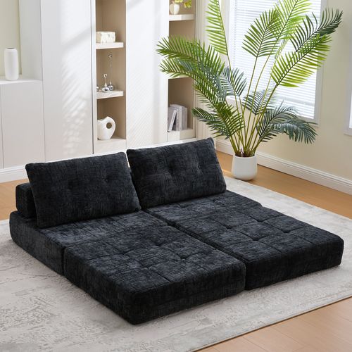 Fauteuil Convertible 1 Place Avec Matelas Pliable Et Coussin - Structure Métal Et Mdf Chenille Noir