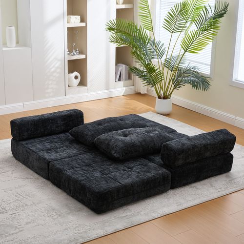 Fauteuil Convertible 1 Place Avec Matelas Pliable Et Coussin - Structure Métal Et Mdf Chenille Noir