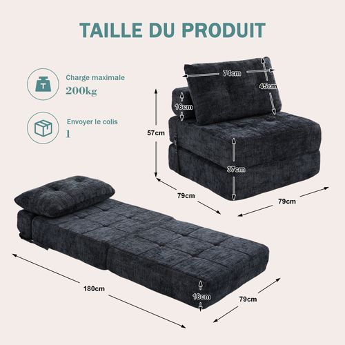 Fauteuil Convertible 1 Place Avec Matelas Pliable Et Coussin - Structure Métal Et Mdf Chenille Noir