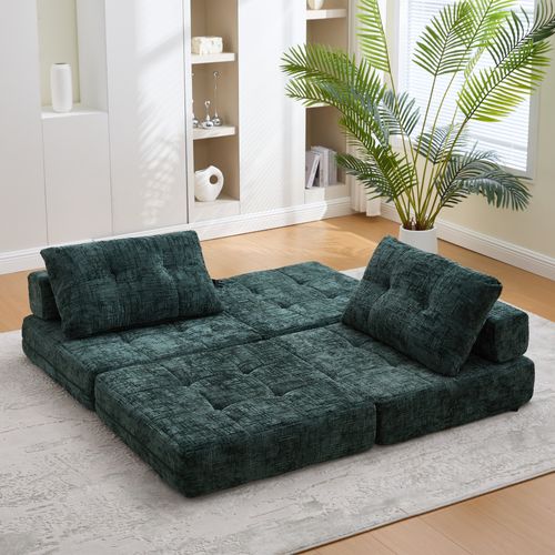 Fauteuil Convertible 1 Place Avec Matelas Pliable Et Coussin - Structure Métal Et Mdf Chenille Vert