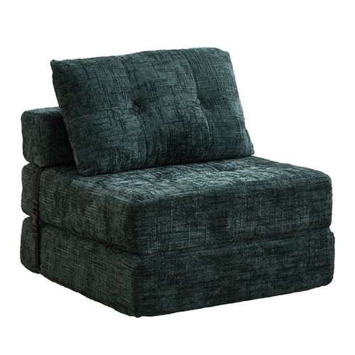 Fauteuil Convertible 1 Place Avec Matelas Pliable Et Coussin - Structure Métal Et Mdf Chenille Vert