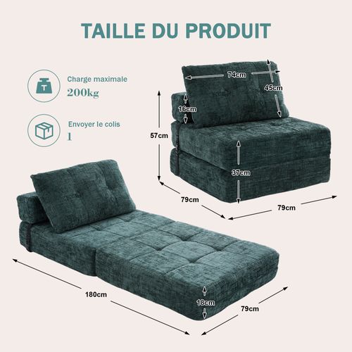 Fauteuil Convertible 1 Place Avec Matelas Pliable Et Coussin - Structure Métal Et Mdf Chenille Vert