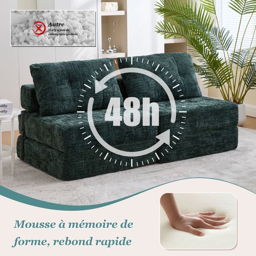 Fauteuil Convertible 1 Place Avec Matelas Pliable Et Coussin - Structure Métal Et Mdf Chenille Vert