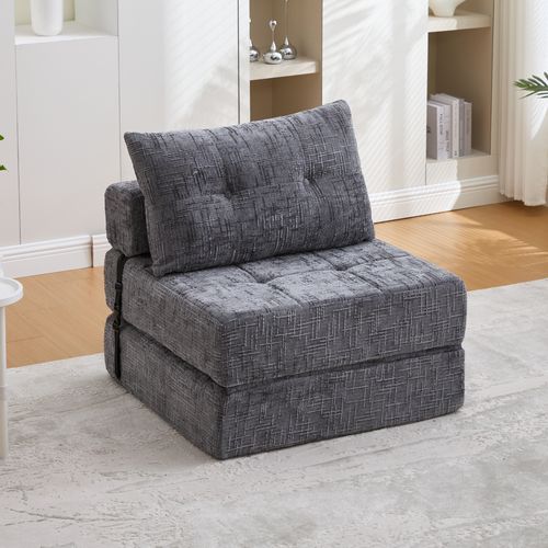 Fauteuil Convertible 1 Place Avec Matelas Pliable Et Coussin - Structure Métal Et Mdf Chenille Gris