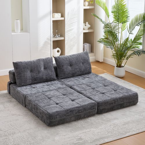 Fauteuil Convertible 1 Place Avec Matelas Pliable Et Coussin - Structure Métal Et Mdf Chenille Gris