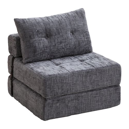 Fauteuil Convertible 1 Place Avec Matelas Pliable Et Coussin - Structure Métal Et Mdf Chenille Gris