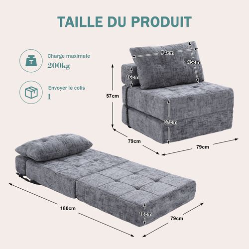 Fauteuil Convertible 1 Place Avec Matelas Pliable Et Coussin - Structure Métal Et Mdf Chenille Gris