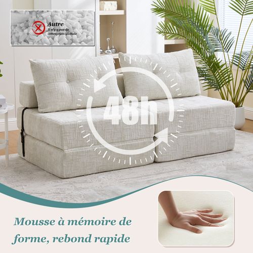 Fauteuil Convertible 1 Place Avec Matelas Pliable Et Coussin - Structure Métal Et Mdf Chenille Beige