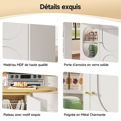 Table à Manger - Meuble De Rangement Avec Buffet Pivotant Et 3 Portes - Mdf Métal - Blanc