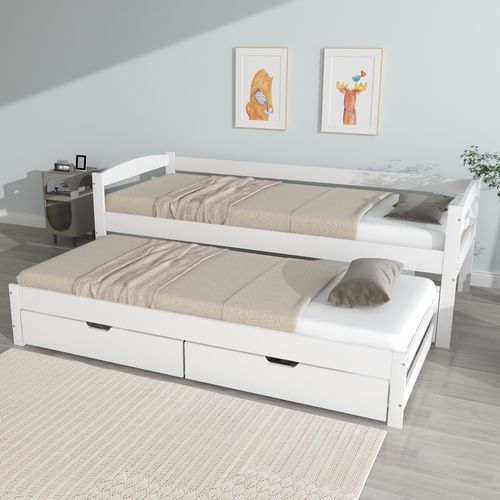 Lit Gigogne 200x90 Et 190x90 Cm - 2 Tiroirs Pratiques - Pin Mdf - Blanc