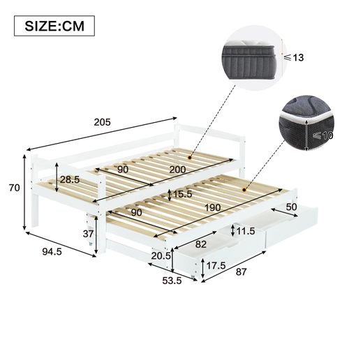 Lit Gigogne 200x90 Et 190x90 Cm - 2 Tiroirs Pratiques - Pin Mdf - Blanc