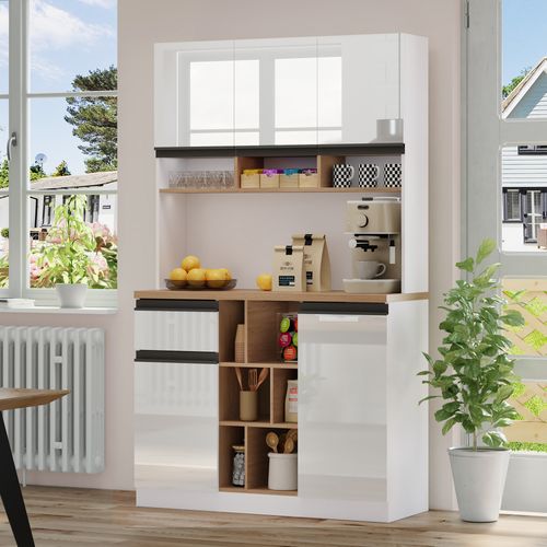 Buffet De Cuisine - Portes Brillantes - Tiroirs - Étagères Réglables - Rangement Ouvert - Blanc -mdf