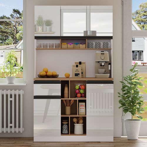 Buffet De Cuisine - Portes Brillantes - Tiroirs - Étagères Réglables - Rangement Ouvert - Blanc -mdf