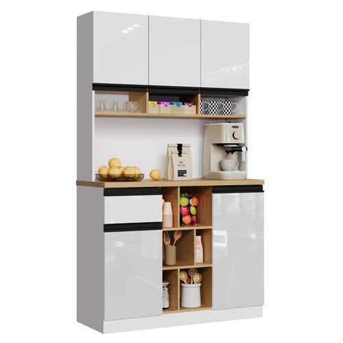 Buffet De Cuisine - Portes Brillantes - Tiroirs - Étagères Réglables - Rangement Ouvert - Blanc -mdf