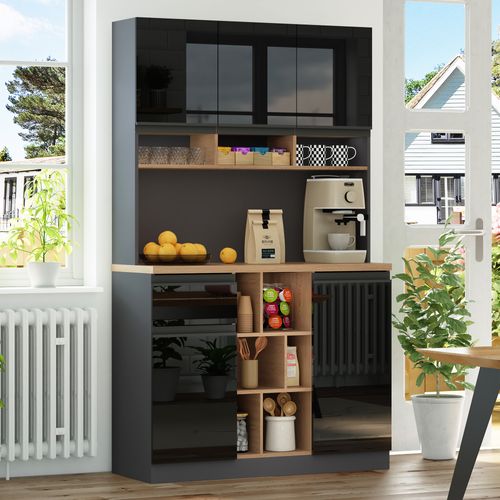 Buffet - Commode Avec Portes Et Tiroirs - Rangement Ouvert - Étagères Réglables - Mdf - Noir Gris