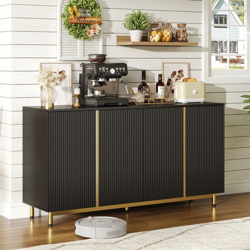 Bahut Buffet - Portes Rainurées - Pieds Métal - Système Anti-basculement - Mdf - Noir Or