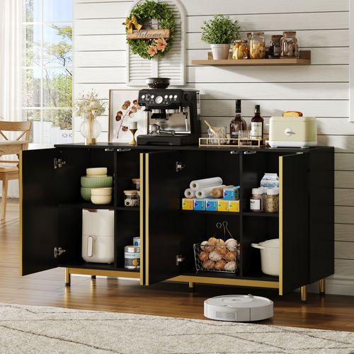 Bahut Buffet - Portes Rainurées - Pieds Métal - Système Anti-basculement - Mdf - Noir Or