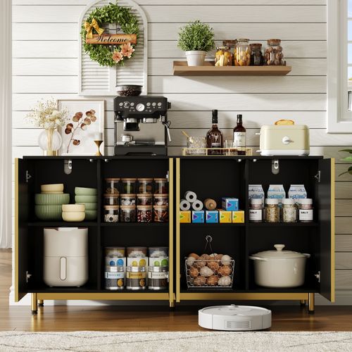 Bahut Buffet - Portes Rainurées - Pieds Métal - Système Anti-basculement - Mdf - Noir Or