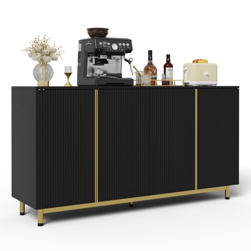 Bahut Buffet - Portes Rainurées - Pieds Métal - Système Anti-basculement - Mdf - Noir Or