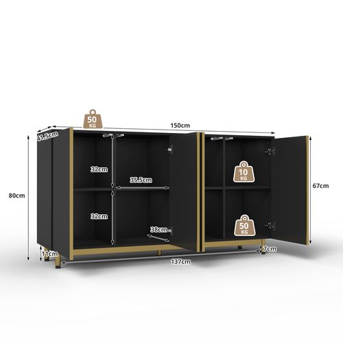 Bahut Buffet - Portes Rainurées - Pieds Métal - Système Anti-basculement - Mdf - Noir Or