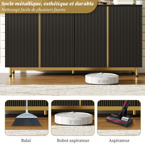 Bahut Buffet - Portes Rainurées - Pieds Métal - Système Anti-basculement - Mdf - Noir Or