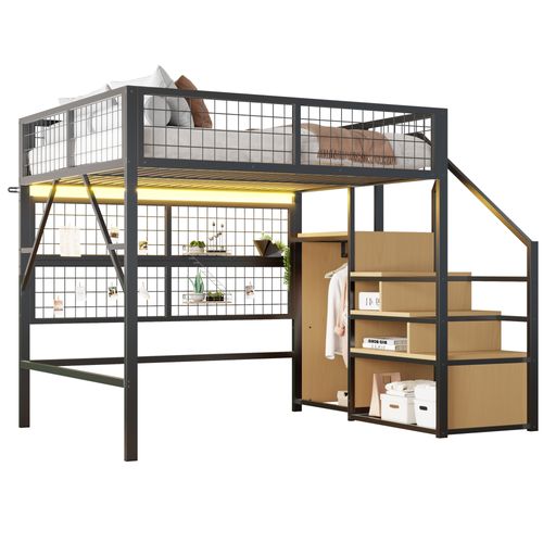 Lit Mezzanine 140x200 - Lit Avec LED Intégrées -rangements Bas -armoire Ouverte - Mdf + Métal - Noir