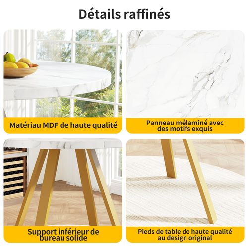 Table à Manger Ronde - Structure Métal Doré - Plateau Mdf - Design Élégant - Blanc