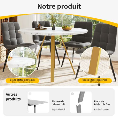 Table à Manger Ronde - Structure Métal Doré - Plateau Mdf - Design Élégant - Blanc