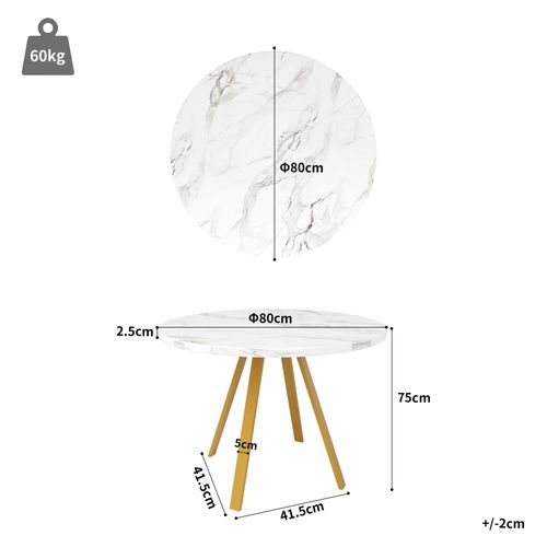 Table à Manger Ronde - Structure Métal Doré - Plateau Mdf - Design Élégant - Blanc