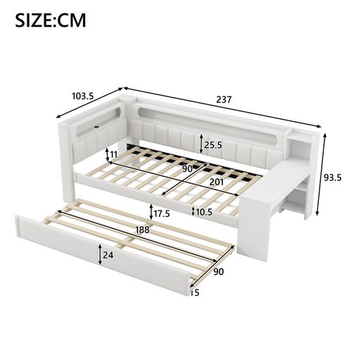 Lit Gigogne 90x200 - Lit Déco Avec Tiroir Et Bureau Intégré - Mdf Et Lin - Blanc