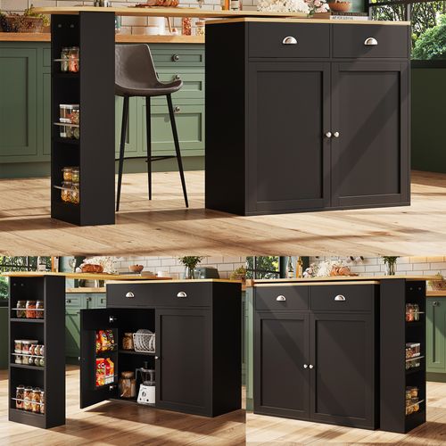 Îlot De Cuisine - Table à Manger Rotative 360° Avec 2 Tiroirs Et Rangement - Mdf - Noir Naturel