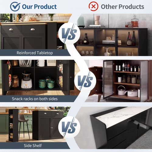 Îlot De Cuisine - Table à Manger Rotative 360° Avec 2 Tiroirs Et Rangement - Mdf - Noir Naturel