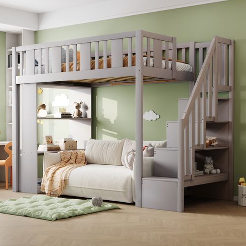 Lit Mezzanine 90x200 Cm - Enfant - Échelle - Tiroirs - Rangement Optimisé - Pin Et Mdf - Gris
