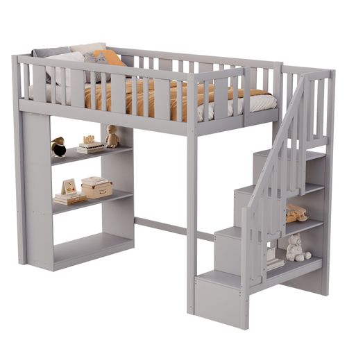 Lit Mezzanine 90x200 Cm - Enfant - Échelle - Tiroirs - Rangement Optimisé - Pin Et Mdf - Gris