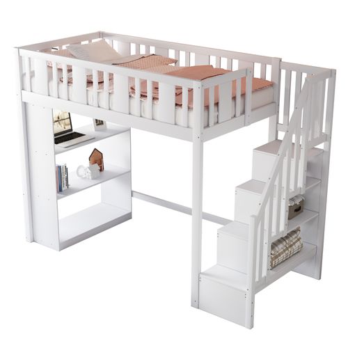 Lit Mezzanine 90x200 - Échelle Solide - Tiroirs De Rangement -structure Robuste - Pin Et Mdf - Blanc