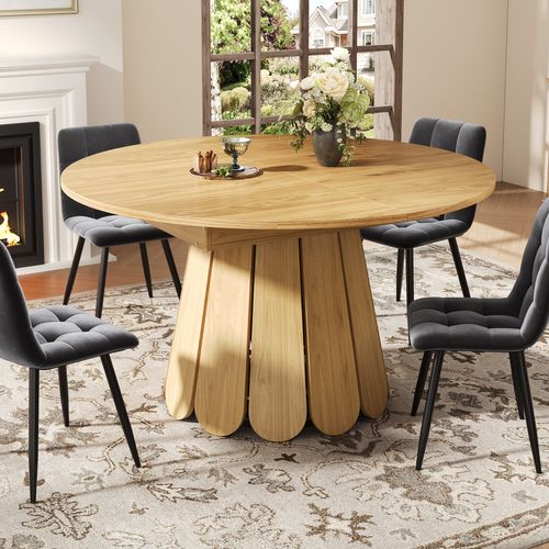 Table à Manger Extensible - Table Ronde - Plateau Dépliable - Pieds Fleur - Naturel