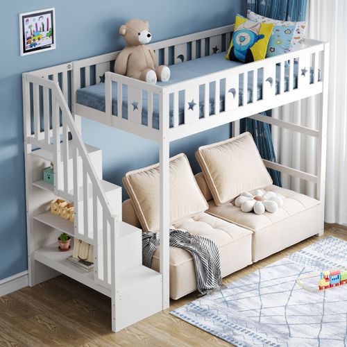 Lit Mezzanine 90x200 Cm - Lit Simple Enfant Avec Escalier Sécurisé Et Décor Lune Et Étoiles - Blanc