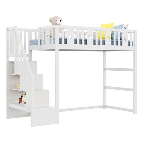 Lit Mezzanine 90x200 Cm - Lit Simple Enfant Avec Escalier Sécurisé Et Décor Lune Et Étoiles - Blanc