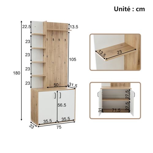 Vestiaire D'entrée Avec Placard Fermé, 6 Étagères, Panneau De Particules, Naturel Blanc