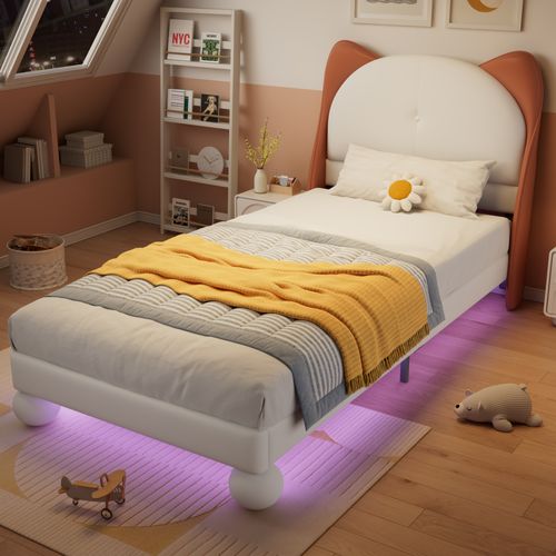 Lit Enfant 90x200 Cm - Lit Déco Tête De Chat Avec LED - Pu - Beige